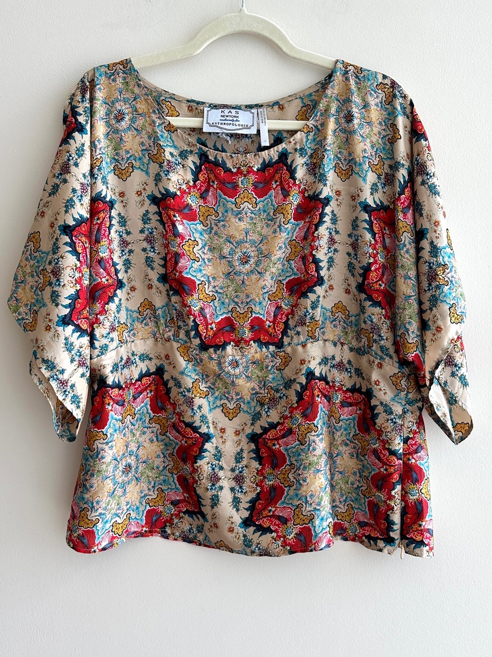 Kas for Anthropologie Floral Kaleidoscope Silky Blouse, Size 12